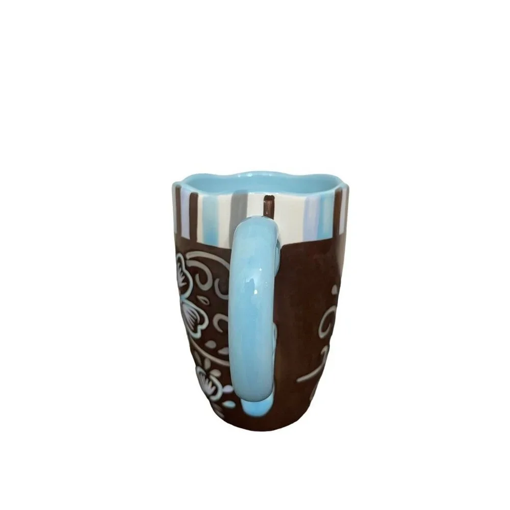 Pier‎ 1 Imports Handpainted Dolomite Coffee Mug w/Scalloped Edge Brown Blue